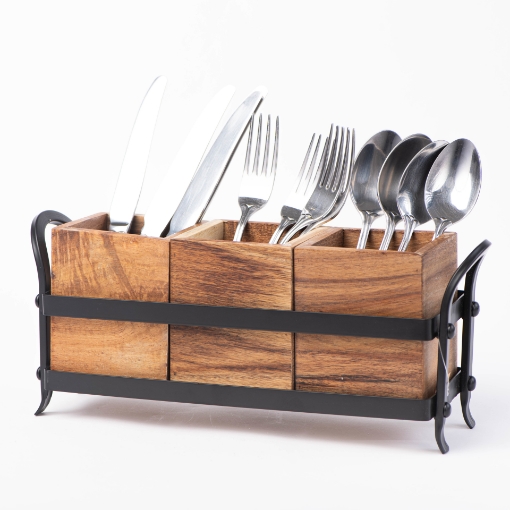 صورة حامل معدني أسود مع خشب طبيعي