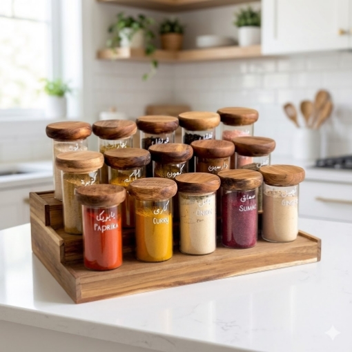 Picture of Three Tier Stand 15 Jars 300 ml Set - Acacia Wood